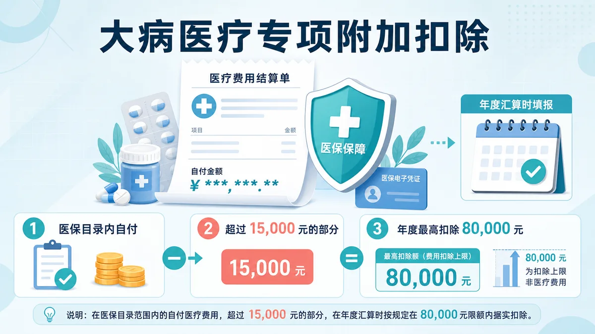 大病医疗专项附加扣除超过15000元部分年度最高扣除80000元流程图