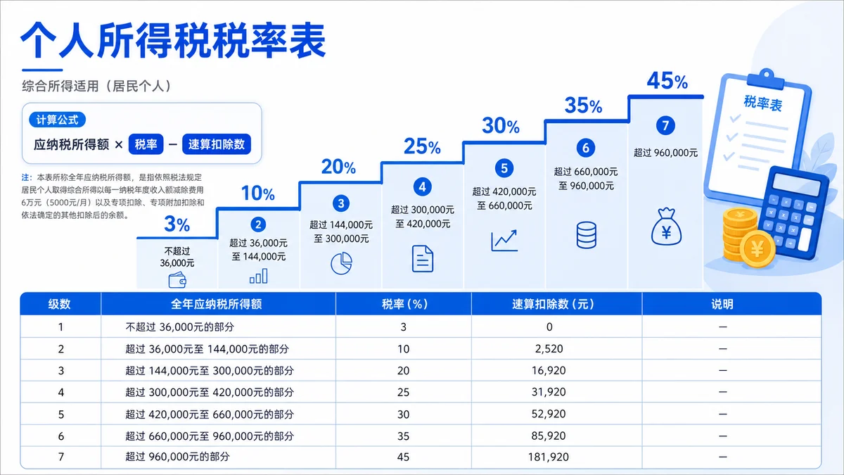 综合所得年度税率表的七级阶梯图,列出3%至45%的税率、全年应纳税所得额区间和各档速算扣除数