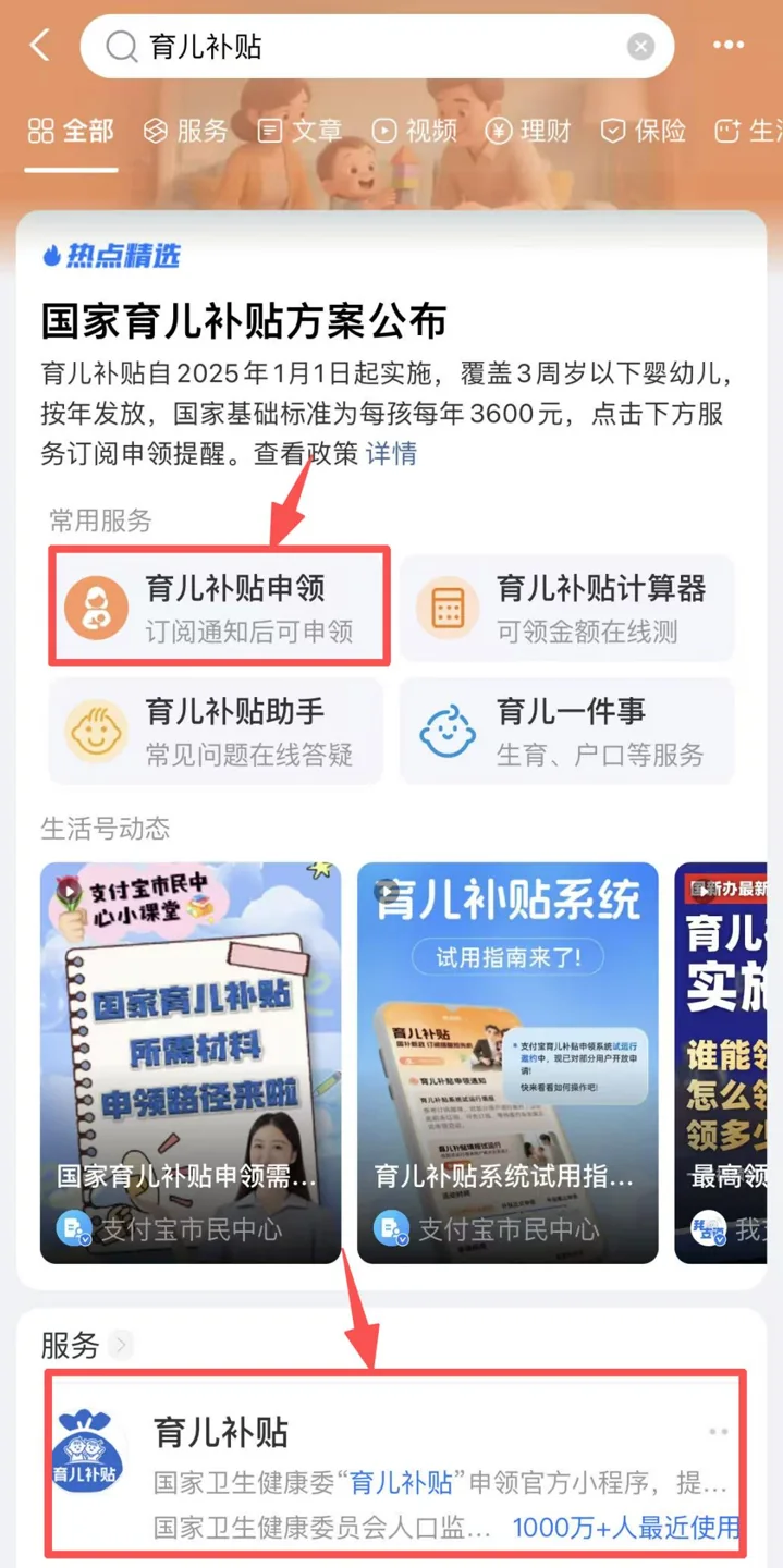 支付宝搜索育儿补贴后出现国家卫生健康委官方小程序入口的实际界面